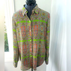 Vintage Chaps Ralph Lauren Sz L Colorful Paisley Funky Bright Button Up Blouse
